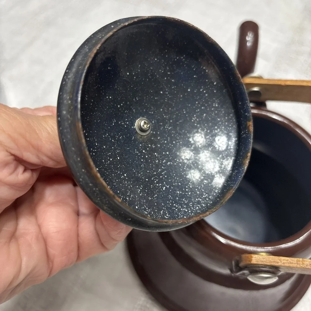 Pretty Shiny Rich Brown Enamel Ware Tea Kettle Metal Farmhouse Cottage Rustic